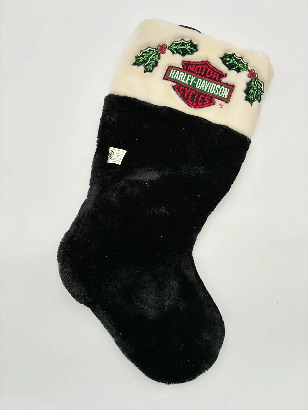 Vintage 1999 Harley-Davidson Christmas Stocking Black Plush White Cuff